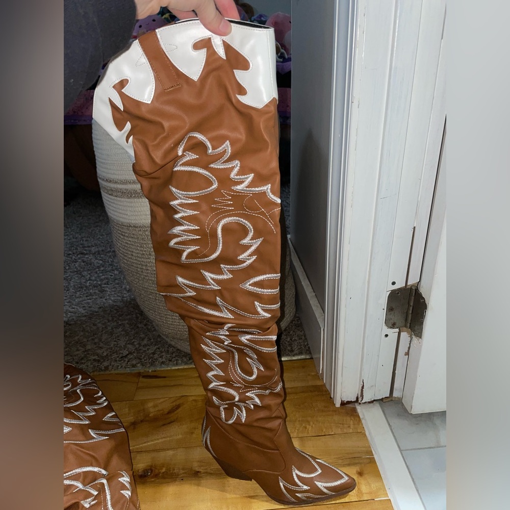 cowhide thigh high boots